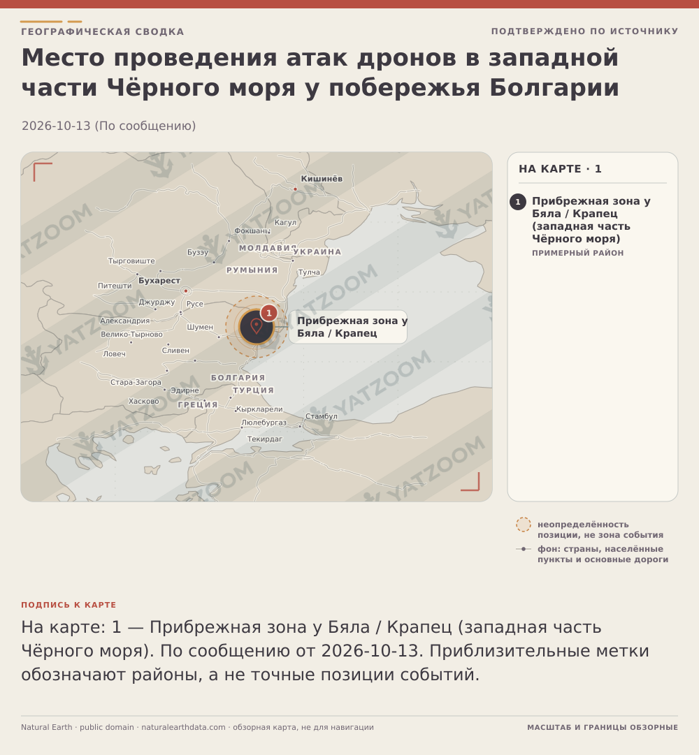 Место проведения атак дронов в западной части Чёрного моря у побережья Болгарии. 2026-10-13 (По сообщению). Прибрежная зона у Бяла / Крапец (западная часть Чёрного моря): Место, приблизительное положение, По сообщению от 2026-10-13. По сообщению Bloomberg и «Европейской правды»: западная часть Чёрного моря у побережья Болгарии названа как район атак; координаты — приблизительная справочная привязка к названным окрестностям Бяла и Крапец, точное место удара не установлено..