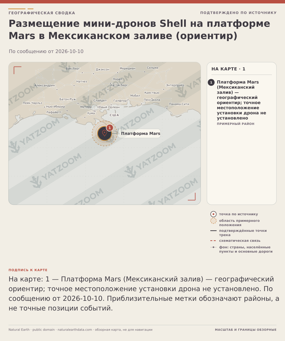 Размещение мини‑дронов Shell на платформе Mars в Мексиканском заливе (ориентир). По сообщению от 2026-10-10. Платформа Mars (Мексиканский залив) — географический ориентир; точное местоположение установки дрона не установлено: Место, приблизительное положение, По сообщению от 2026-10-10. По сообщению Bloomberg: «the Mars project, a deep-water oil and gas development in the Gulf, about 130 miles (209 kilometers) south of New Orleans.» Текст статьи указывает на проект Mars как место для установки первого дрона, но не даёт точных координат платформы или её конкретной конструкции; координаты приведены как приближённый географический ориентир (справочная география)..